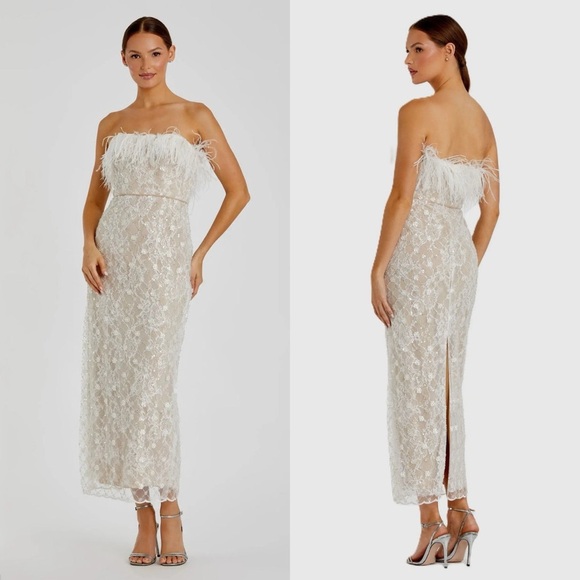 NWT Mac Duggal 68140 White Embellished Feather Strapless Column Dress Size 2 - Picture 1 of 12